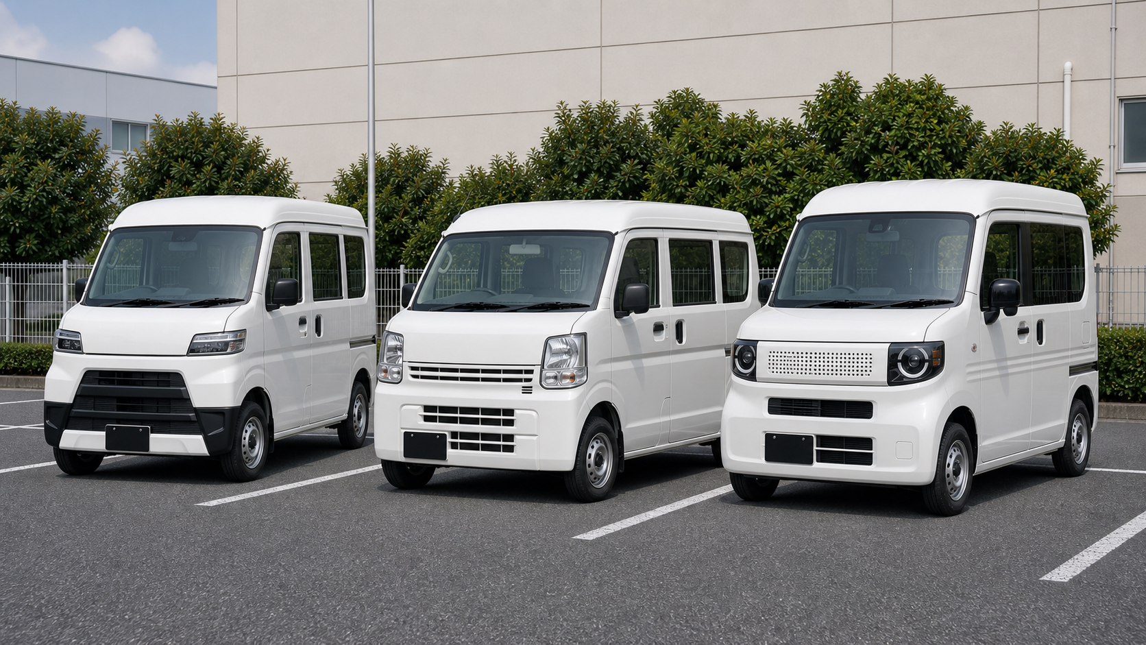 軽貨物に使われる主要3車種の軽バンを駐車場で比較したイメージ