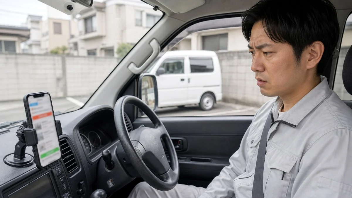 軽バンの車内でスマホの案件情報を確認する困り顔の軽貨物ドライバー