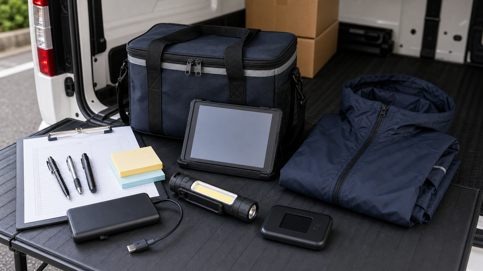 軽バン荷台に並べた配達用便利グッズ（タブレット・モバイルバッテリー・ライト等）