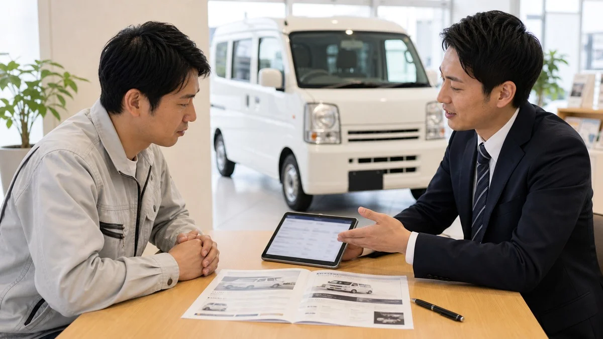 カーディーラーで軽バンのリースプランを説明されている男性