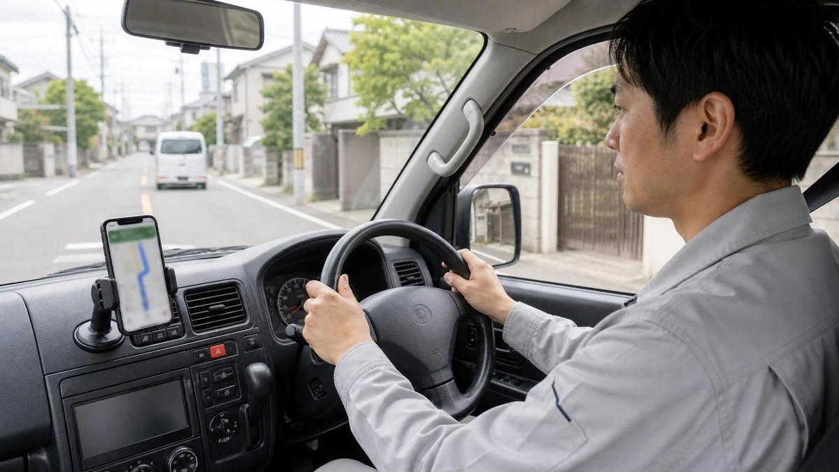 カーナビアプリを使いながら軽バンで配達する軽貨物ドライバー