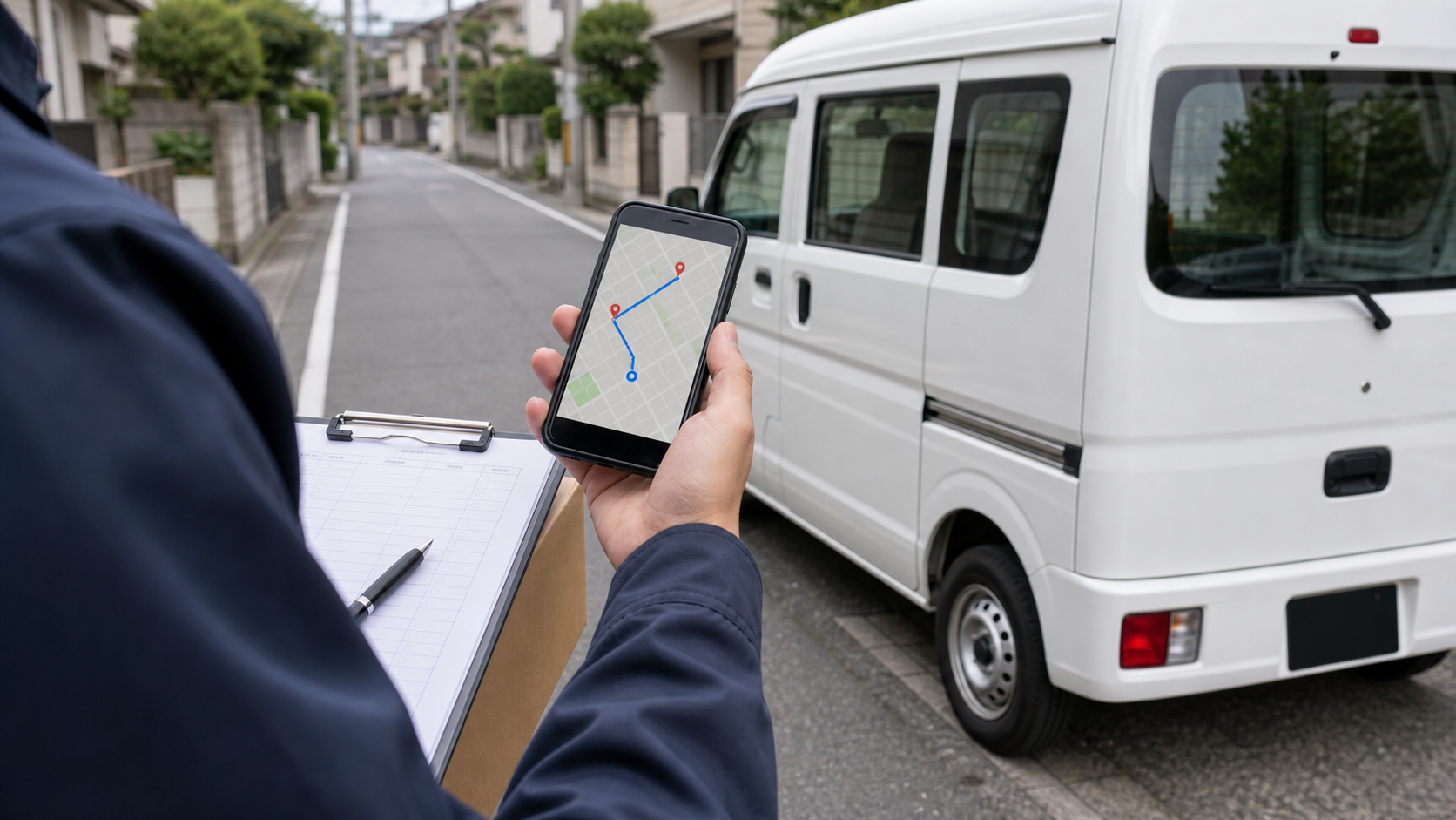 軽貨物ドライバーが配達中にスマートフォンのナビを確認しているイメージ
