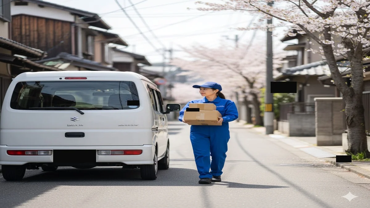 軽貨物バンの前に立つ女性ドライバー
