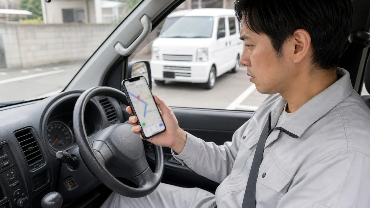 軽バンの車内でスマホの地図アプリを見る軽貨物ドライバー