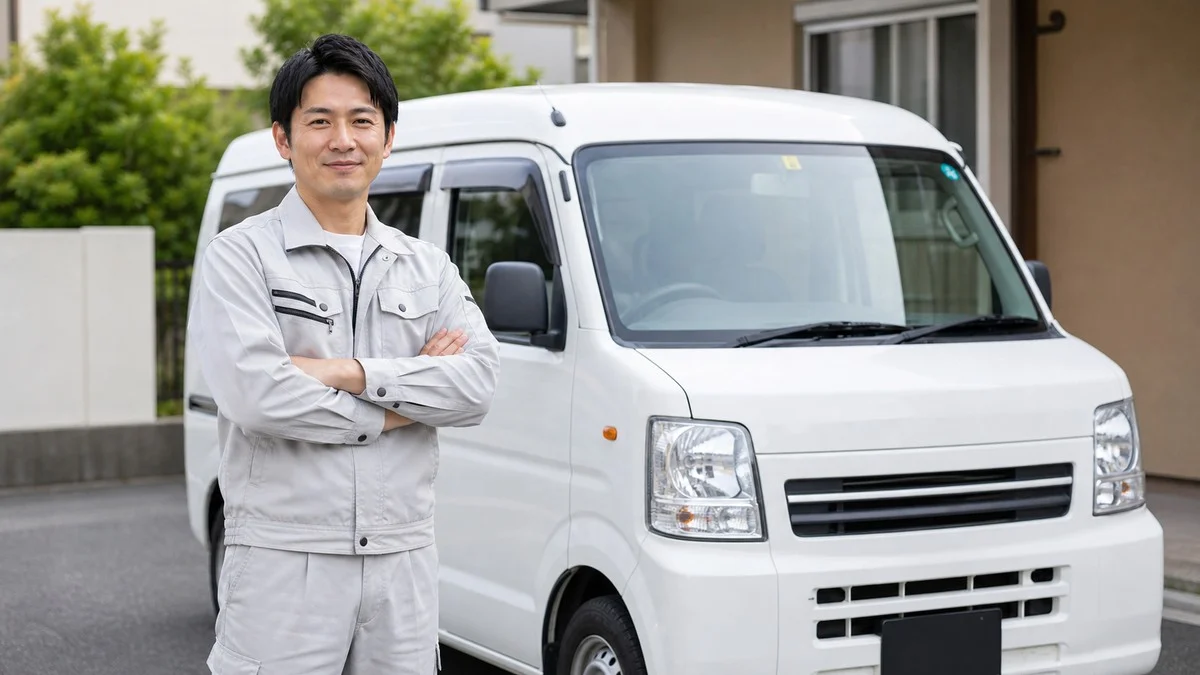 白い軽バンの前で腕を組む自信満々な個人事業主の軽貨物ドライバー