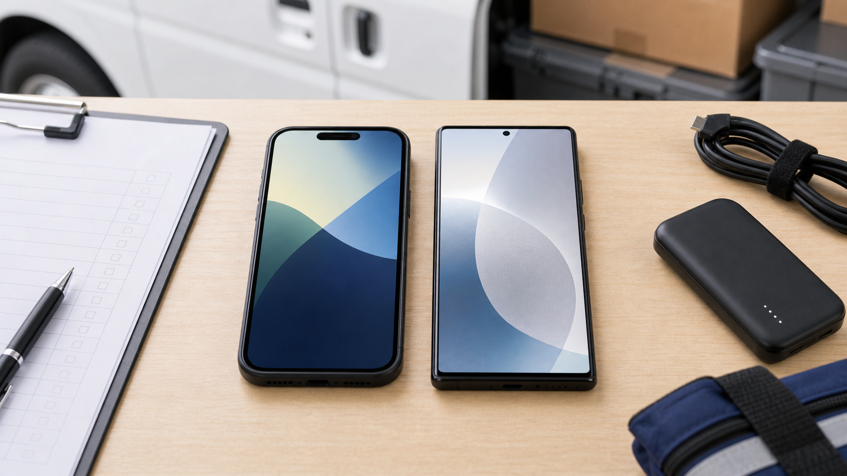 iPhoneとAndroidスマートフォンをモバイルバッテリーやケーブルと並べた配送ドライバー向け比較イメージ