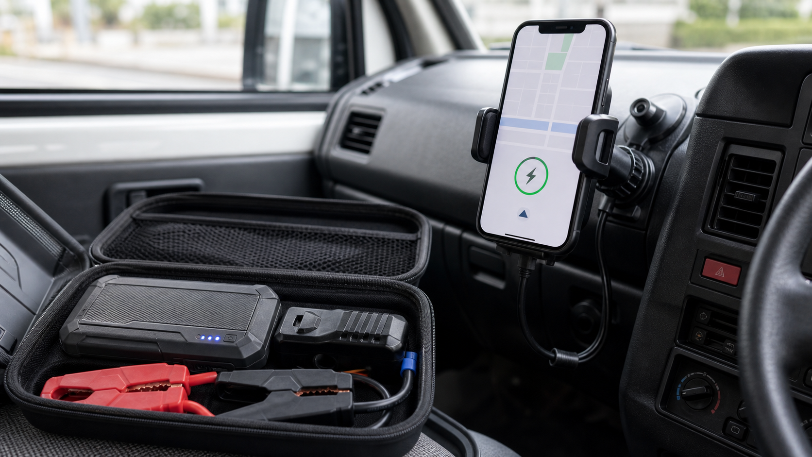 ジャンプスターターとスマホホルダーを備えた軽バン車内のイメージ