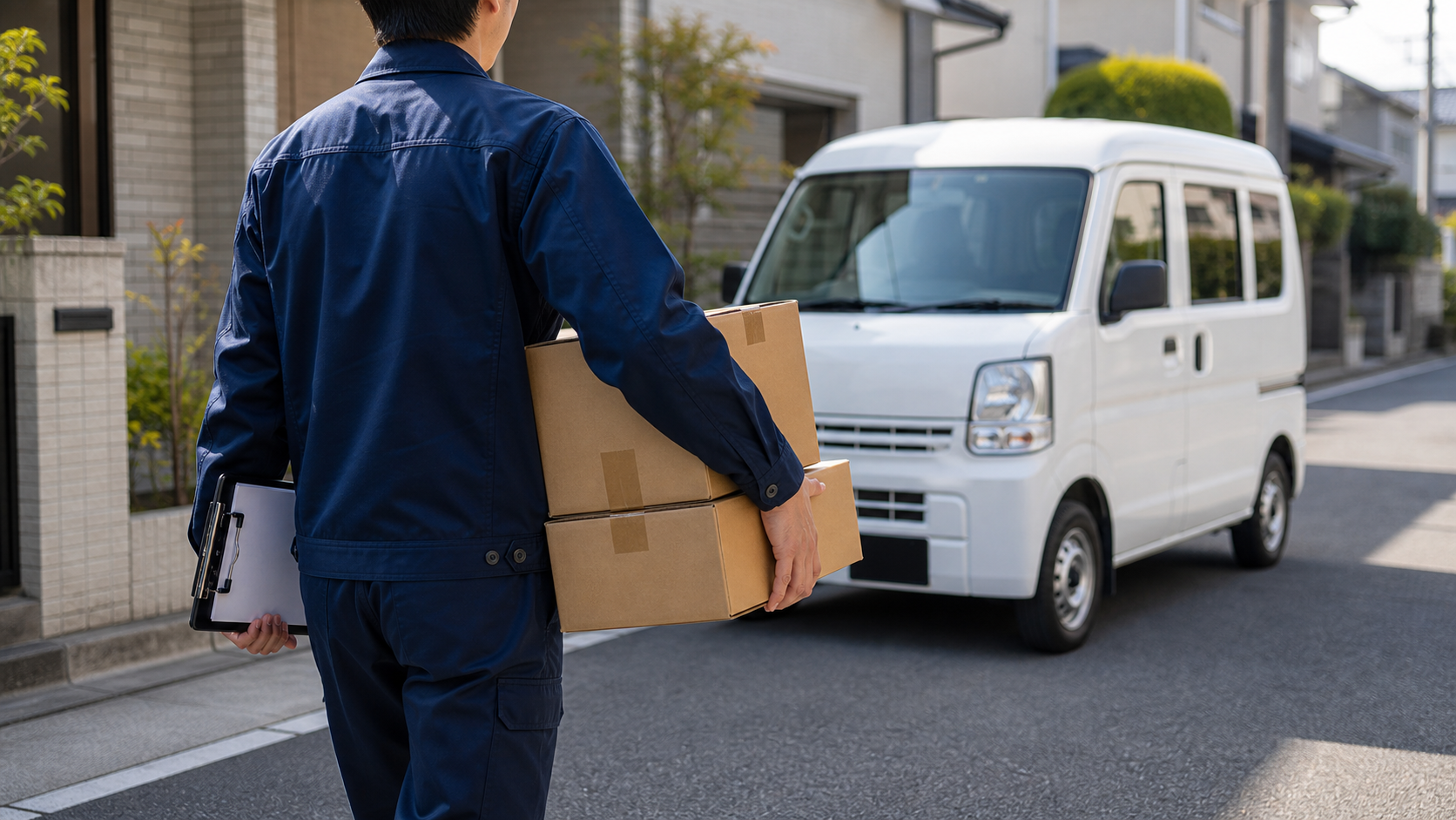 軽貨物ドライバーが住宅街で荷物を抱えて配達しているイメージ