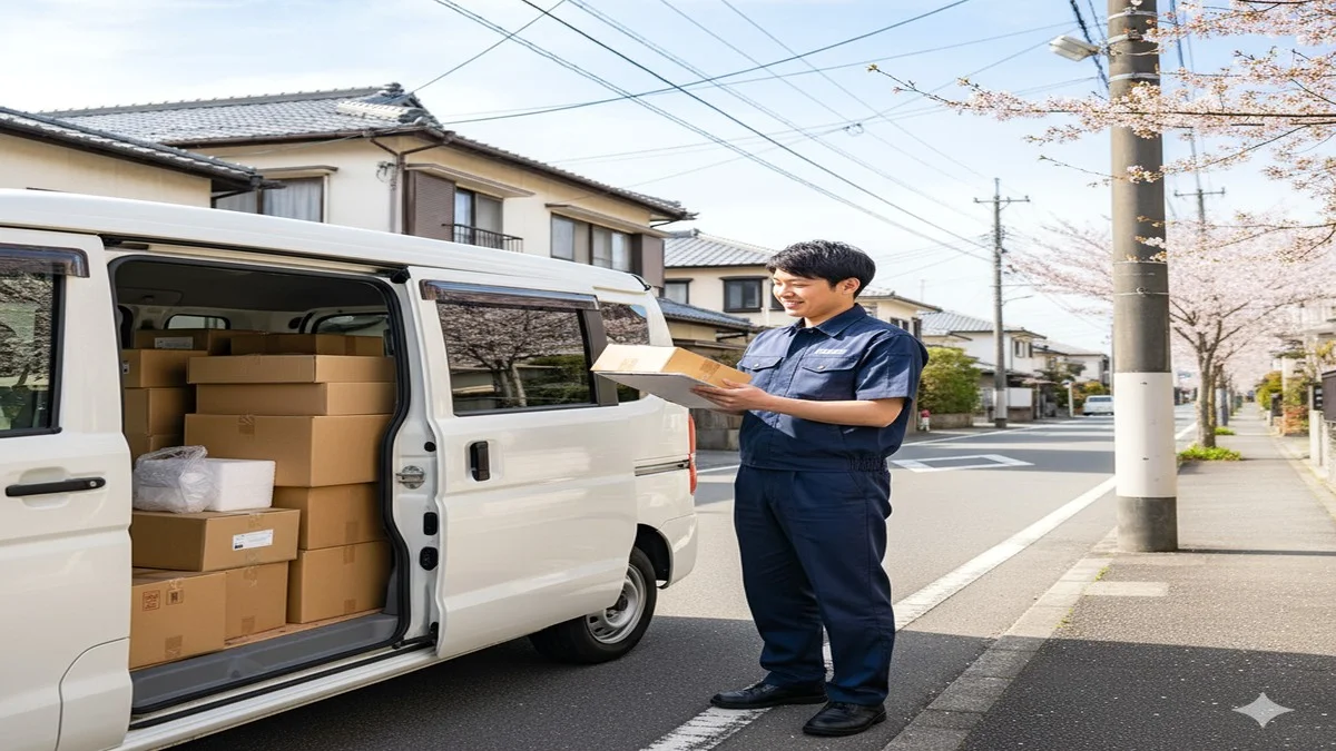 荷物を積んだ軽バンの横に立つ作業着の軽貨物ドライバー