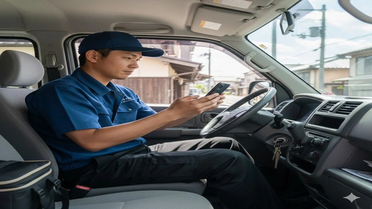 軽バンの車内でスマホの求人サイトを確認する軽貨物ドライバー