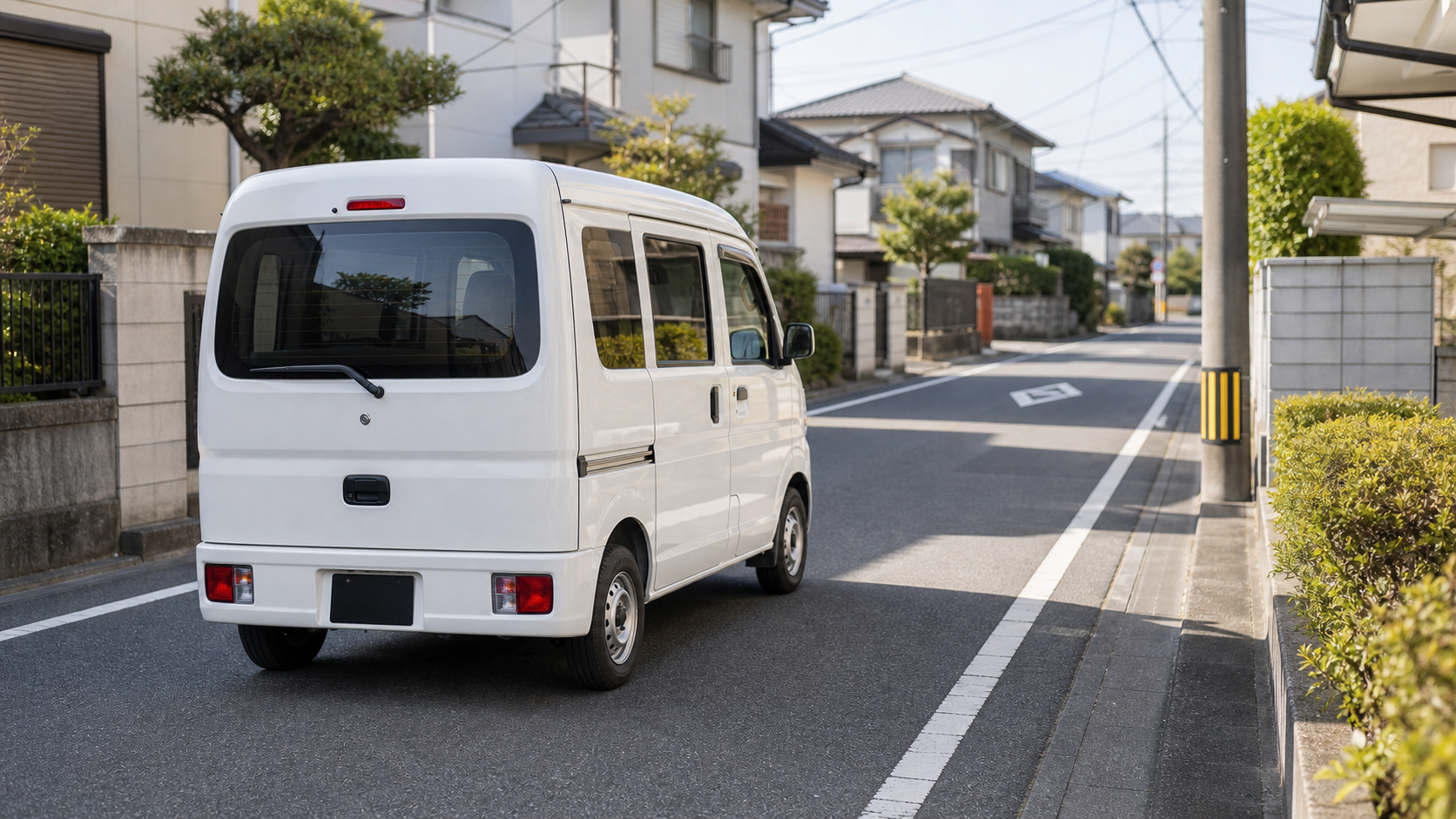 白い軽バンが住宅街の道路を走行しているイメージ