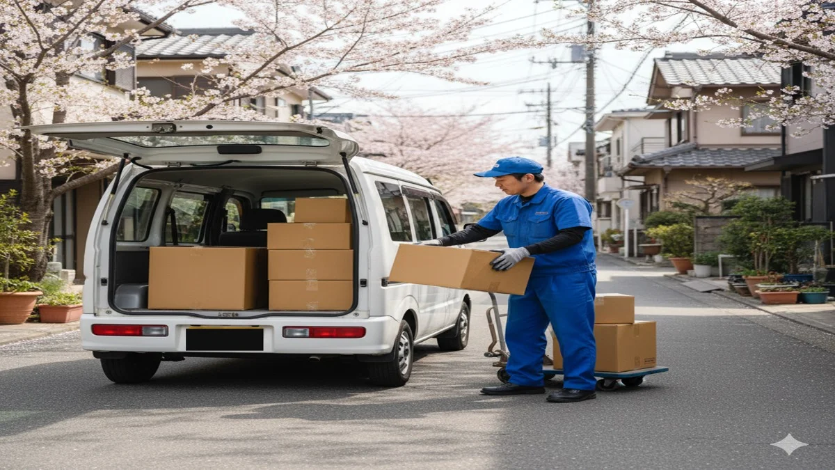 白い軽貨物バンからダンボールを降ろす配達ドライバー