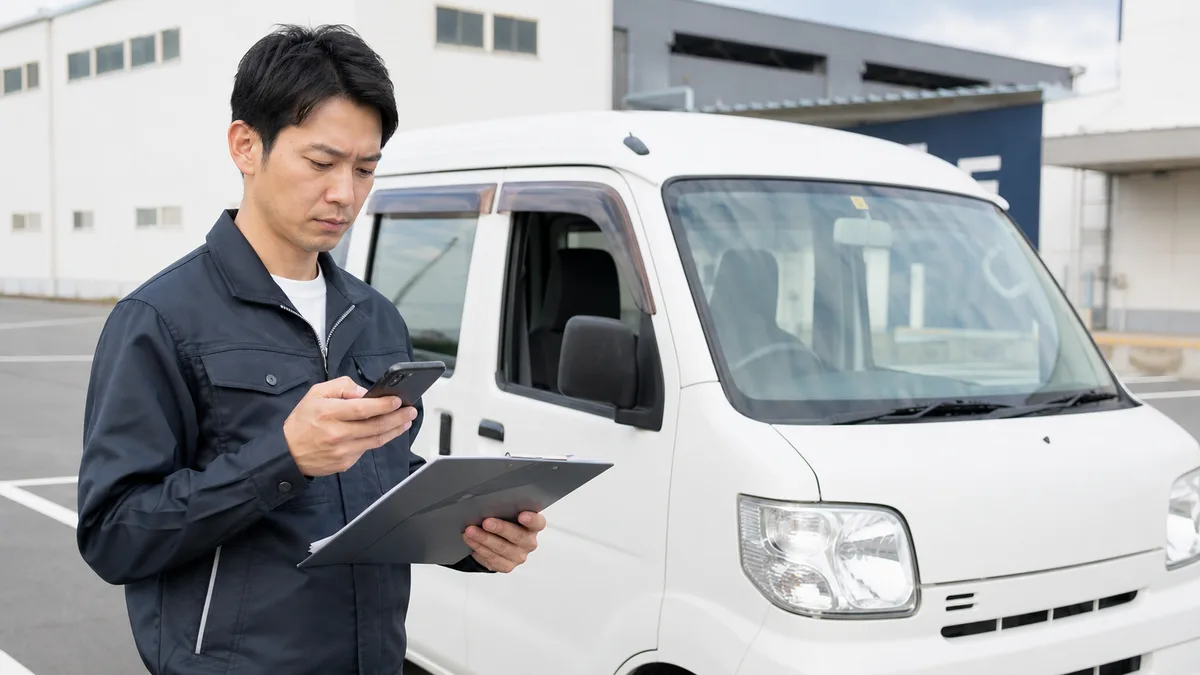 軽バンの前でスマホとクリップボードを確認するドライバー