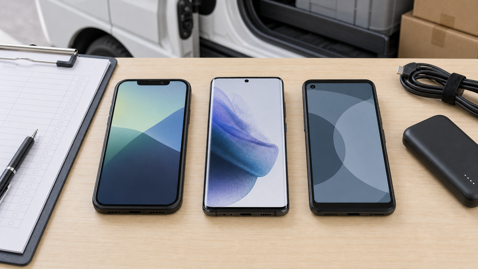 iPhone・Galaxy・Pixelの3機種スマートフォンを並べて比較したイメージ
