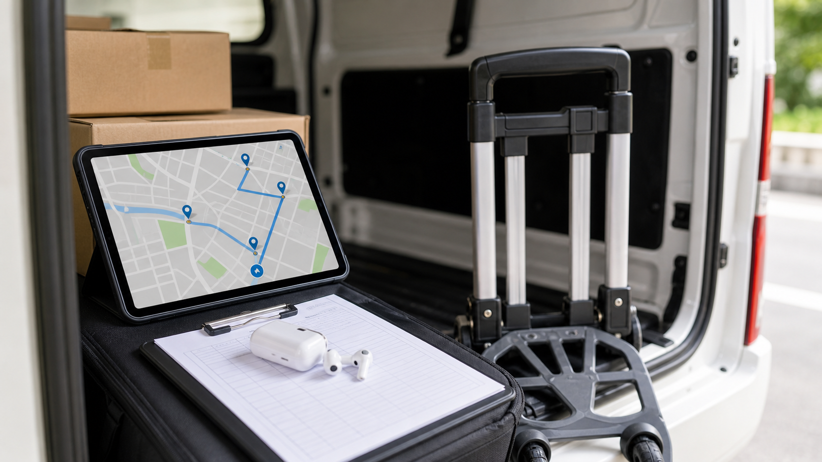 軽バンの荷台に置かれたタブレットナビと台車・イヤホンのイメージ