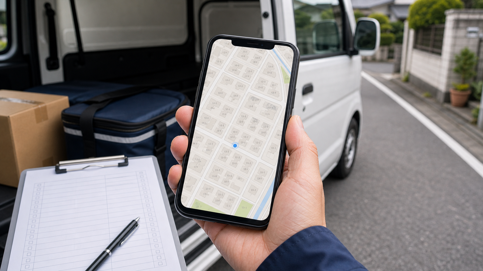 デスクの上に置いたスマートフォンにゼンリン住宅地図アプリを表示しているイメージ